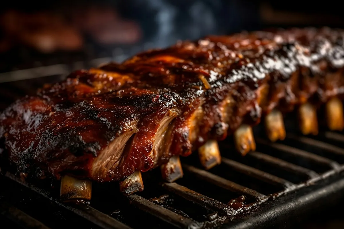A rack of glazed ribs on a barbecue grill